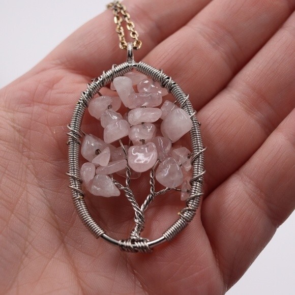 Tree of Life Pink Stone Pendant Necklace Handmade Bohemian Beaded Jewelry - Picture 1 of 4